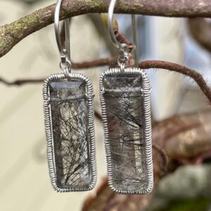Black Rutilated Quartz Baguette, Dangle Earrings