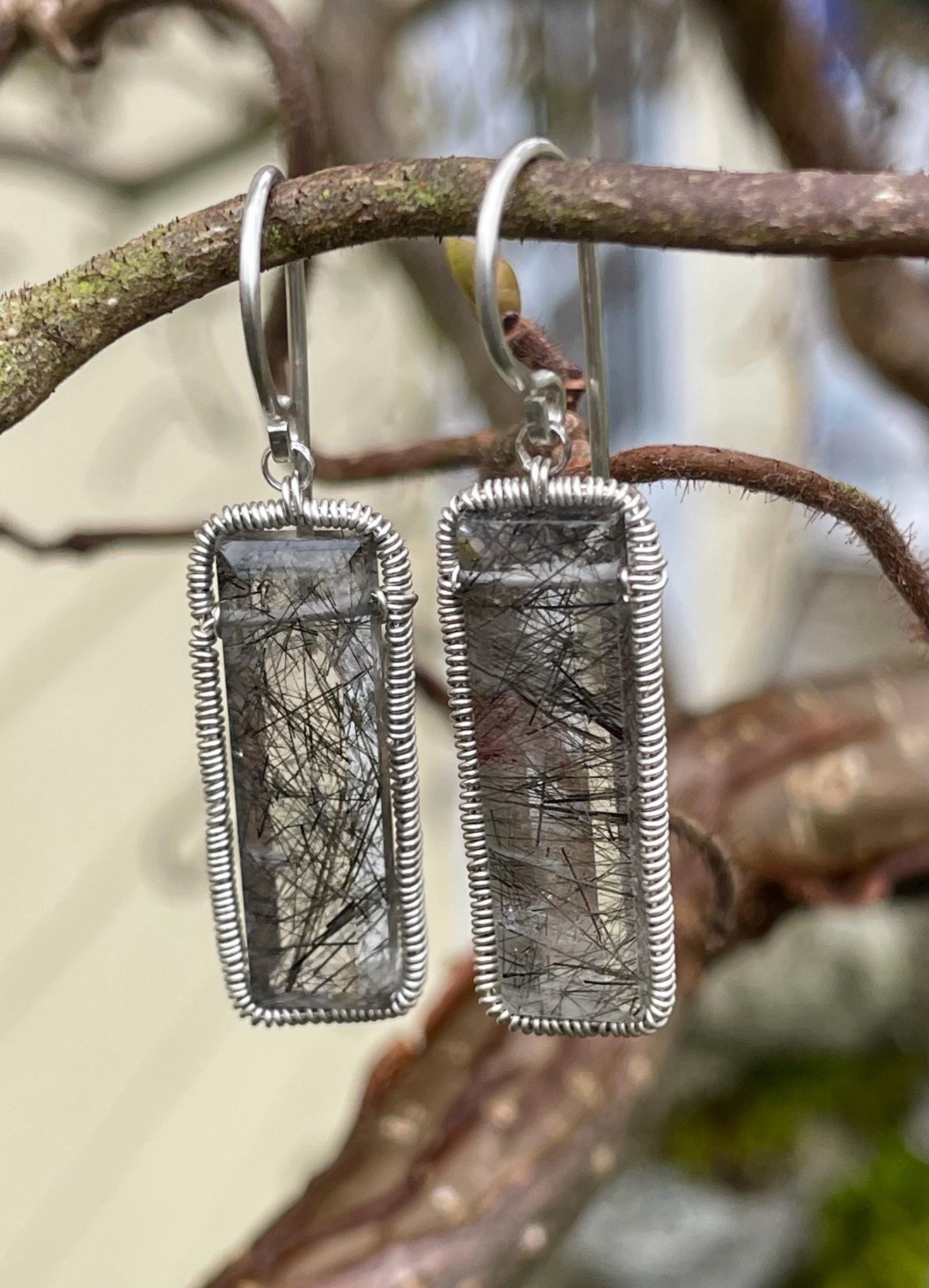 Black Rutilated Quartz Baguette, Dangle Earrings Black Rutilated Quartz Baguette, Dangle Earrings