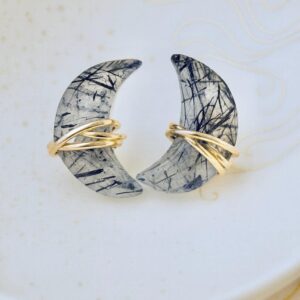 Black Rutilated Quartz Crescent Moon Earrings with Gold Wire Wrap | Celestial Gemstone Studs | Boho Luxe Crystal Jewelry Gift