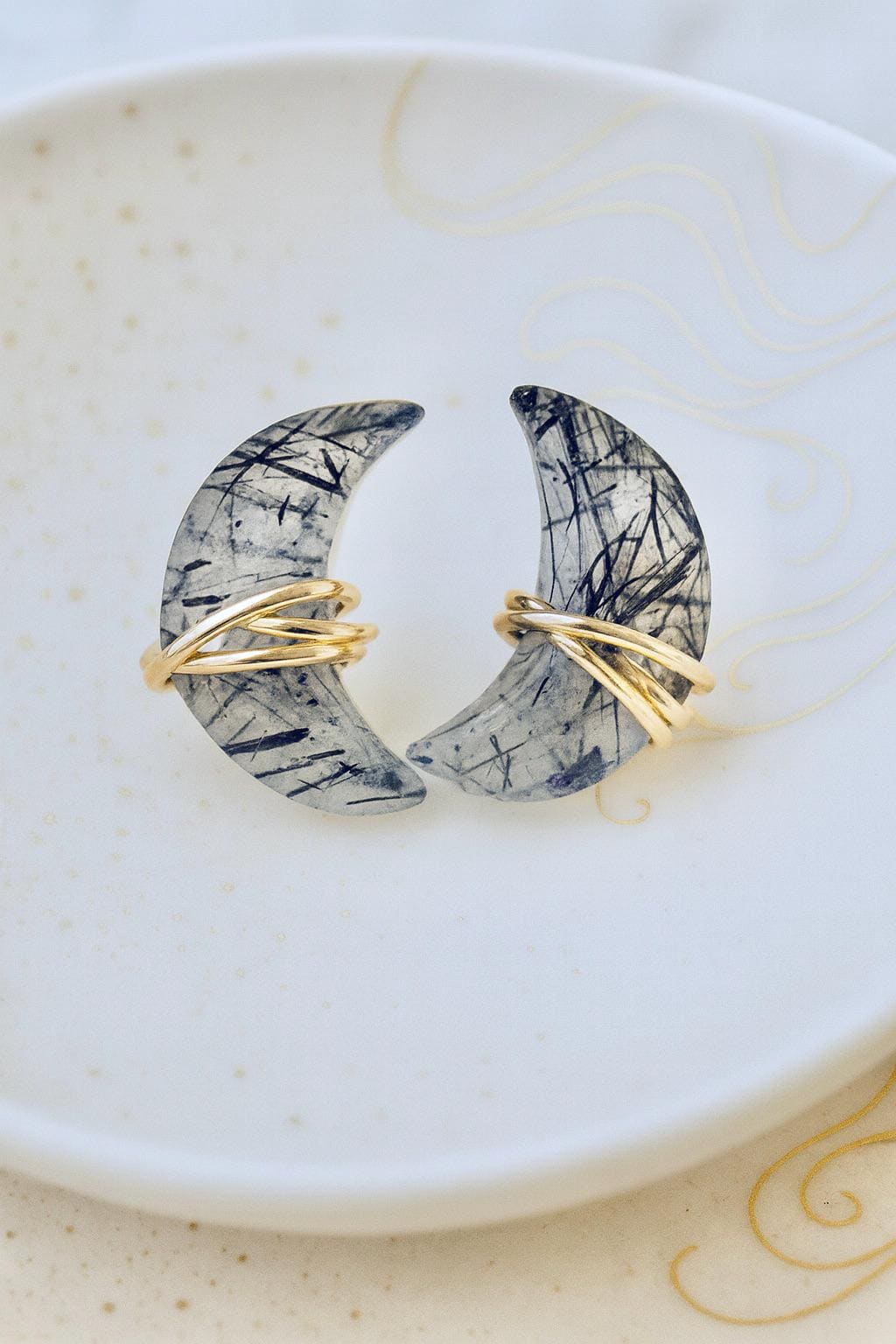 Black Rutilated Quartz Crescent Moon Earrings With Gold Wire Wrap | Celestial Gemstone Studs | Boho Luxe Crystal Jewelry Gift
