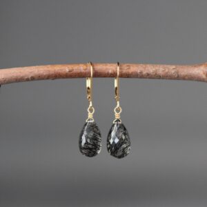 Black Rutilated Quartz Earrings - Black Gemstone Earrings - Gold Wire Wrapped Earrings - Gold Leverback Earrings - Single Stone Earrings