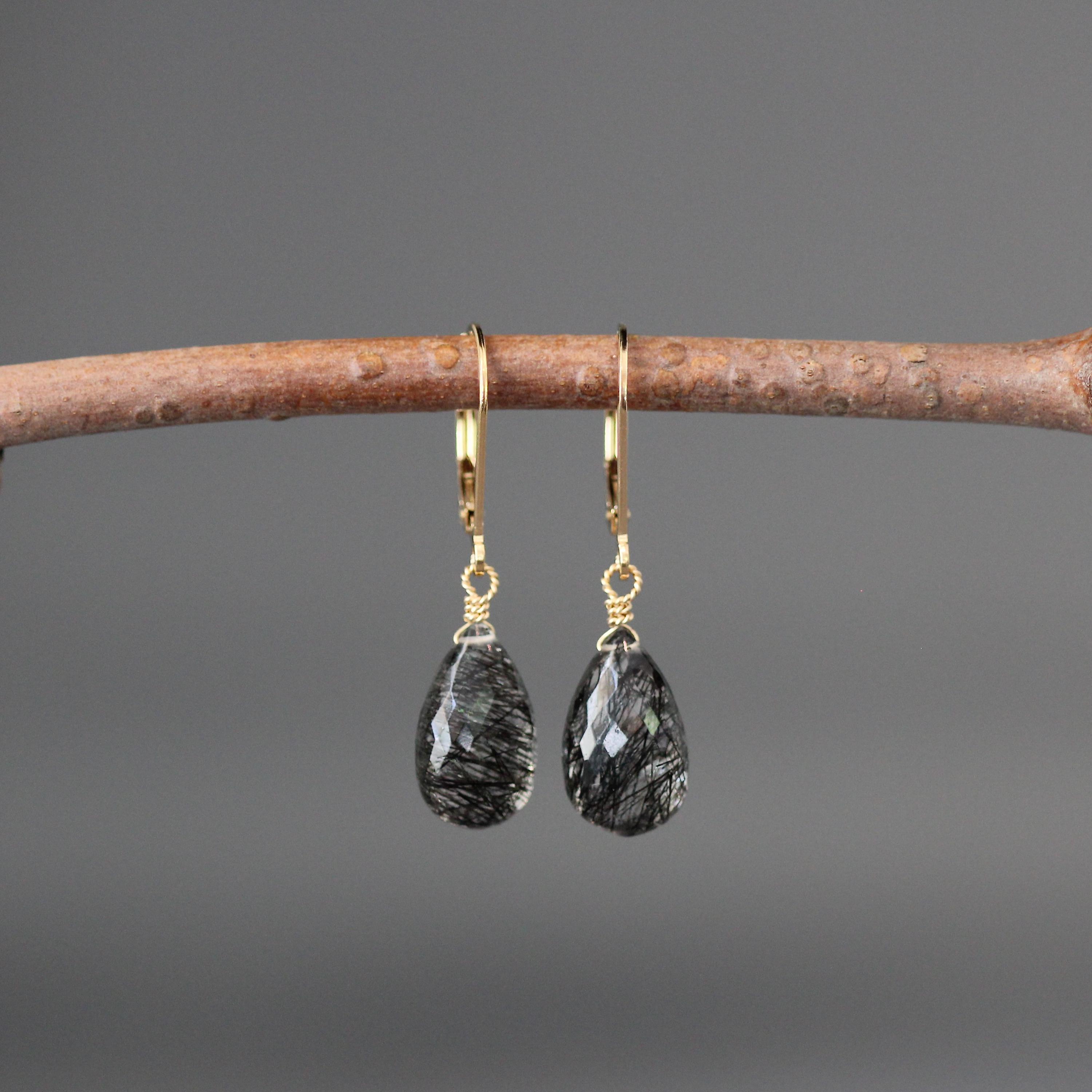 Black Rutilated Quartz Earrings - Black Gemstone Earrings - Gold Wire Wrapped Earrings - Gold Leverback Earrings - Single Stone Earrings