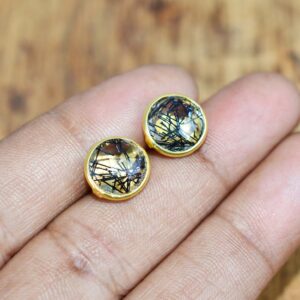 Black Rutile Quartz 925 Sterling Silver 18 Carat Gold Overlay Faceted Stud Earring