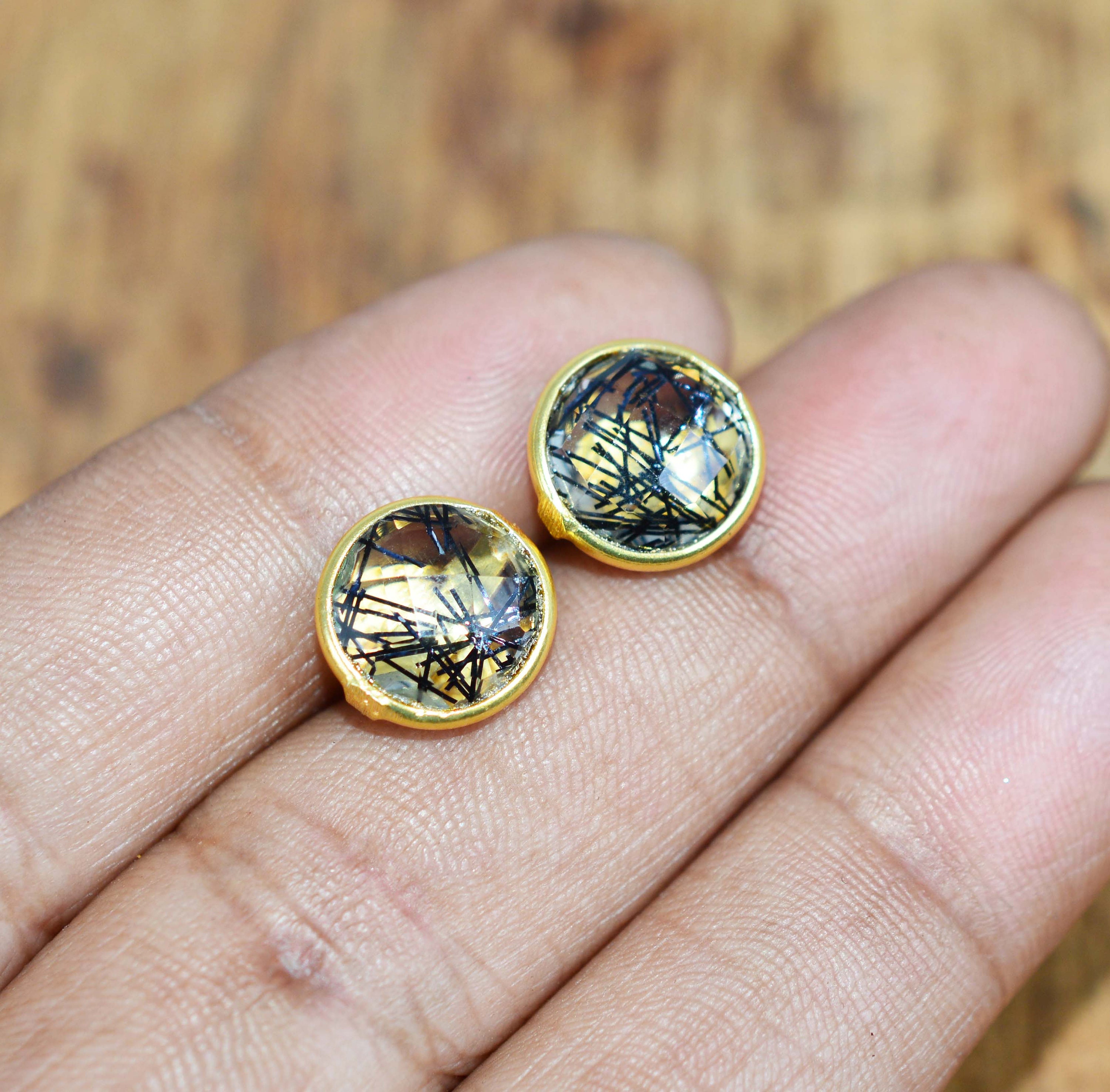 Black Rutile Quartz 925 Sterling Silver 18 Carat Gold Overlay Faceted Stud Earring Black Rutile Quartz 925 Sterling Silver 18 Carat Gold Overlay Faceted Stud Earring