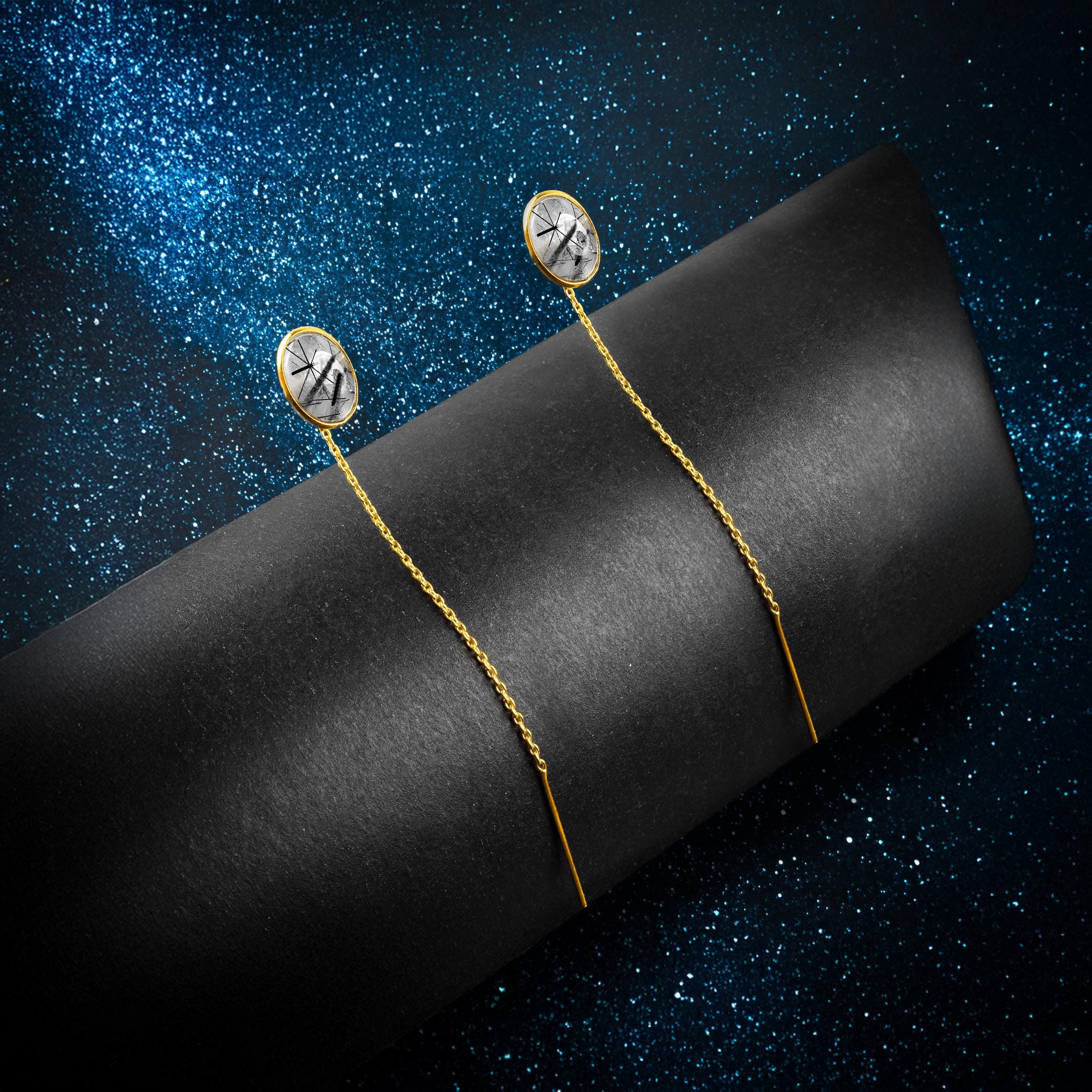 Black Rutile Quartz Threader Earrings | Long Dangle Earrings | Gemstone Earrings | Chain Earrings | Earrings For Women | Gifts For Her