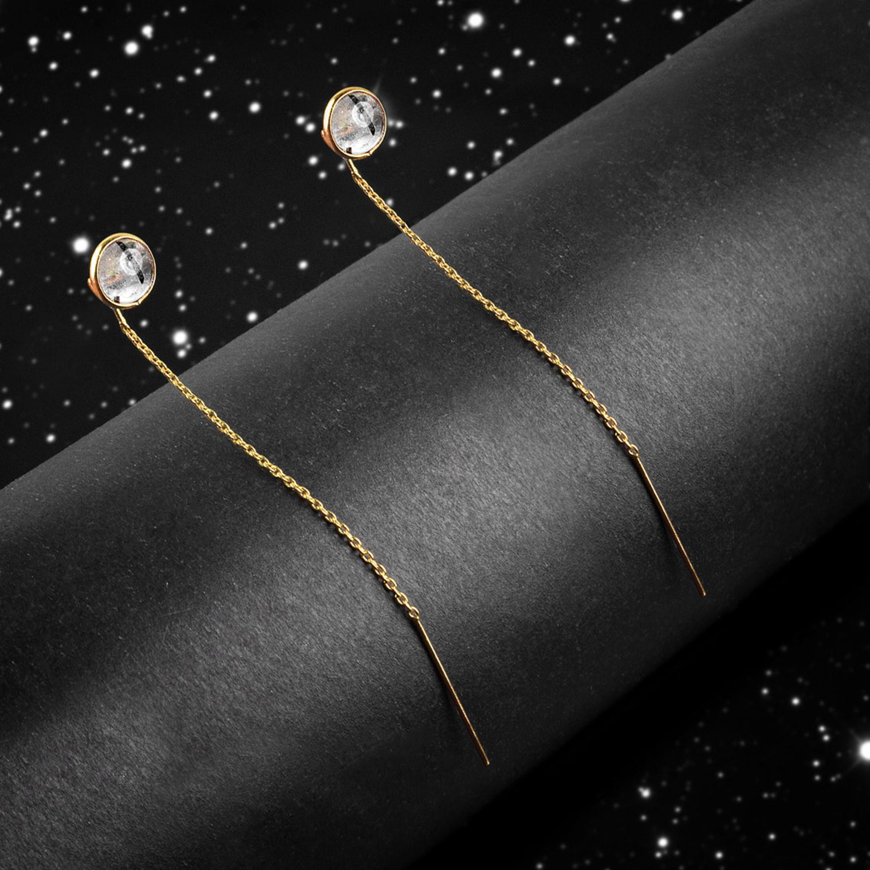Black Rutile Quartz Threader Earrings, Copper Chain Dangle