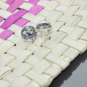 Black Rutile Quartz 925 Silver Stud Earrings: Faceted Round Shape