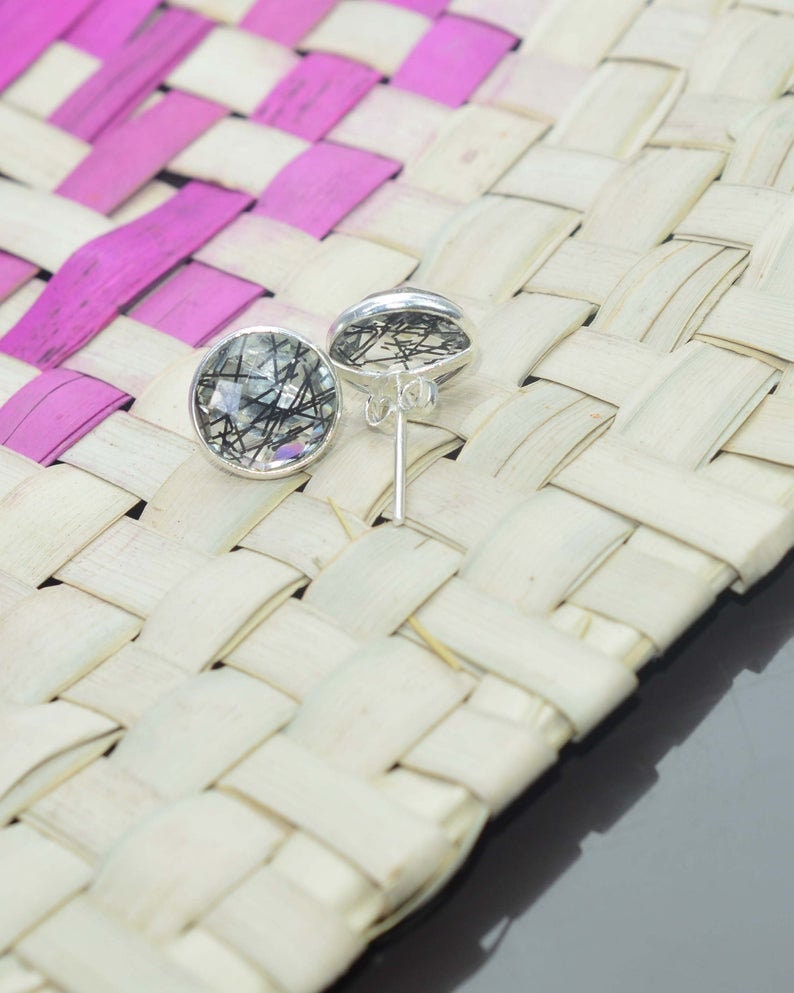Black Rutile Quartz 925 Silver Stud Earrings: Faceted Round Shape