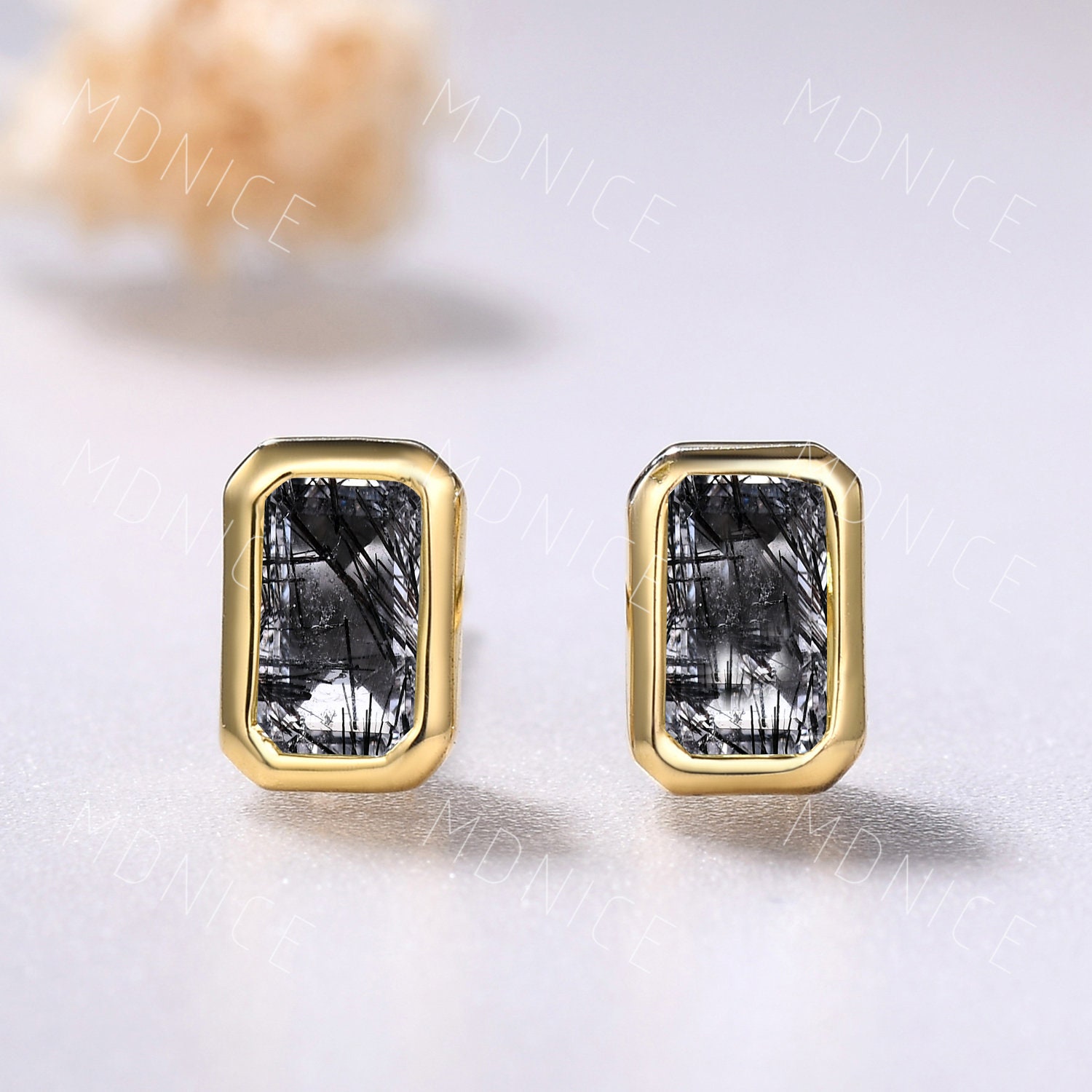 Black Rutilated Quartz Stud Earrings: 14k Yellow Gold Bezel Set