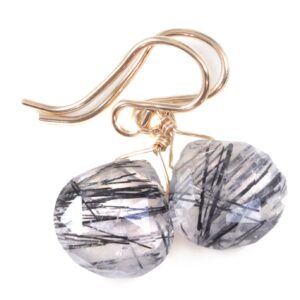 Black Tourmalated Rutile Quartz Earrings 14k Solid Yellow Gold Or Filled Or Sterling Silver Rutilated Heart Teardrop Nice Rutilation Simple