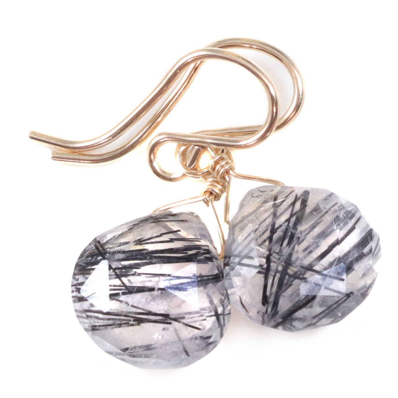 Black Tourmalated Rutile Quartz Earrings 14k Solid Yellow Gold Or Filled Or Sterling Silver Rutilated Heart Teardrop Nice Rutilation Simple