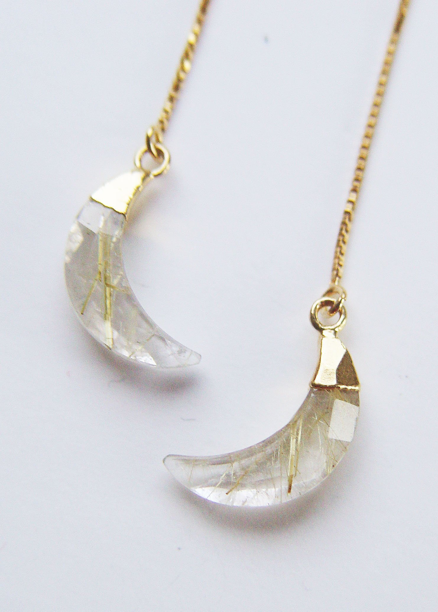 Rutilated Quartz Crescent Moon Gold Filled Earrings. Bohemian Bride Jewelry.