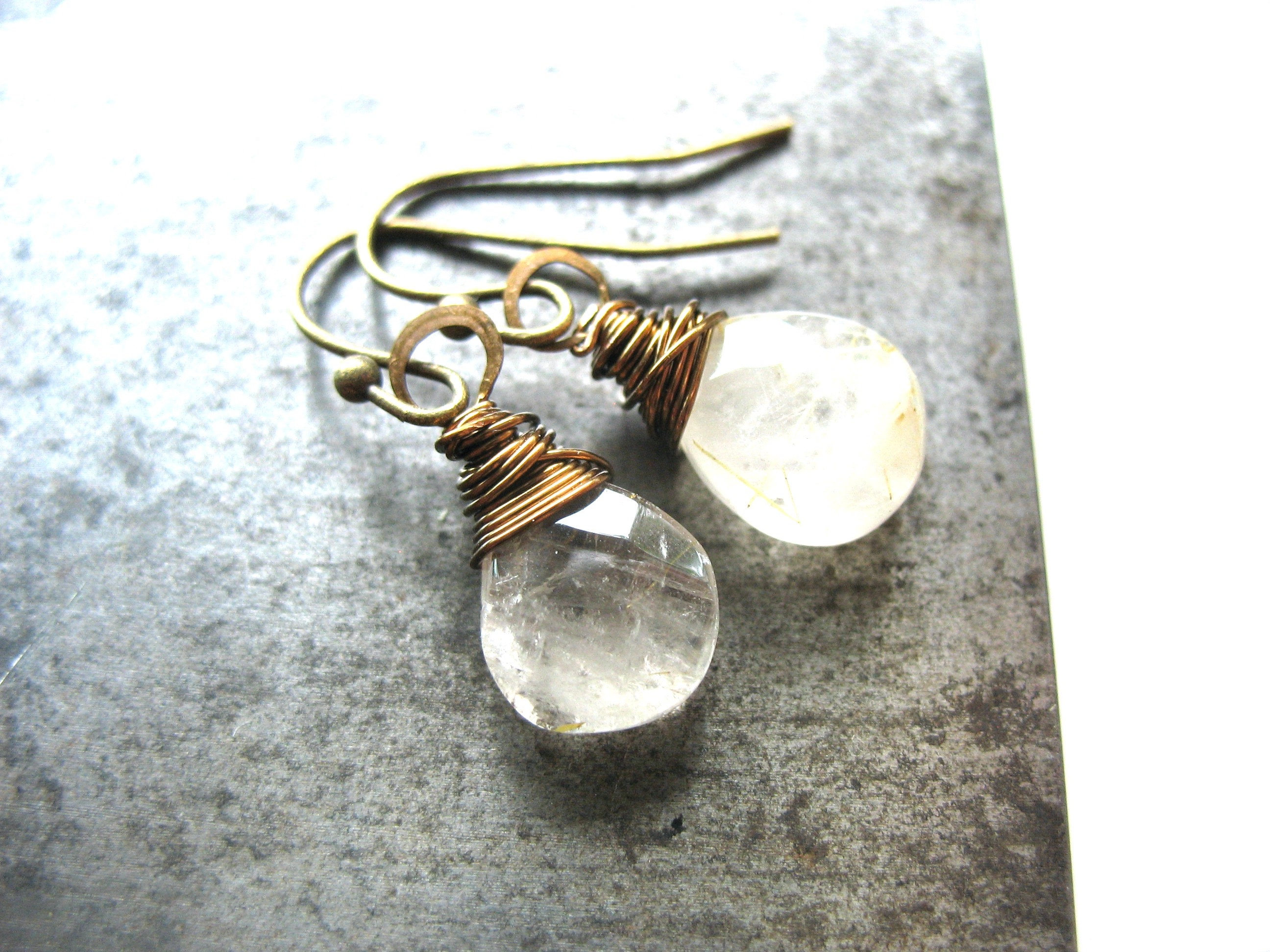 Faceted Rutilated Quartz Gemstone Earrings Jewelry Handmade In Usa