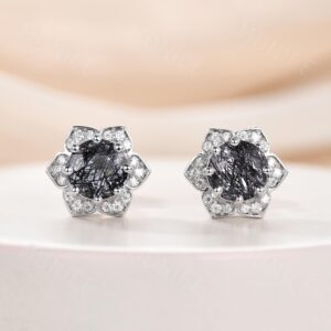 Floral Black Rutilated Quartz Studs: Sterling Silver Moissanite Earrings