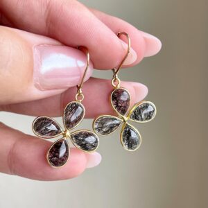 Rutilated Quartz Flower Earrings, Black Rutile Clover Bezeled Earrings in Gold or Sterling Silver, Floral Black Jewelry, Boho Chic Mom Gift