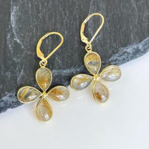 Rutilated Quartz Flower Earrings, Golden Rutile Quartz Clover Bezeled Earrings in Gold Filled, Floral Summer Jewelry, Boho Chic gift for her