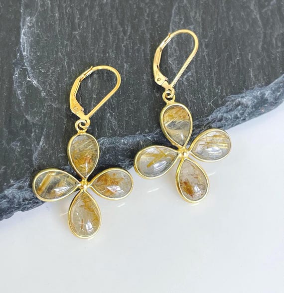 Rutilated Quartz Flower Earrings, Golden Rutile Quartz Clover Bezeled Earrings In Gold Filled, Floral Summer Jewelry, Boho Chic Gift For Her
