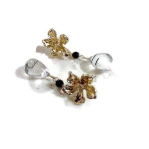 Gold Flower Stud Earrings - Black Rutilated Quartz Gemstone Dangle