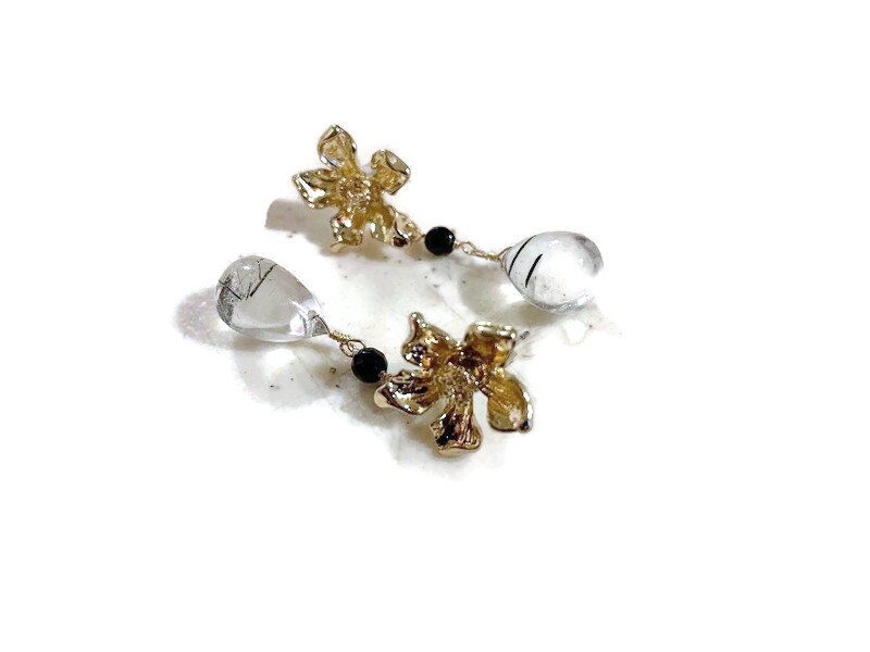 Gold Flower Stud Earrings - Black Rutilated Quartz Gemstone Dangle