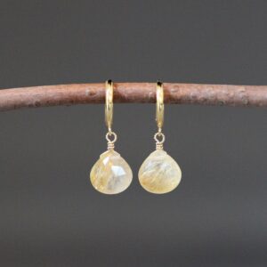 Gold Rutilated Quartz Earrings - Gold Gemstone Earrings - Gold Hoop Earrings - Gold Wire Wrapped Earrings - Gold Huggie Earrings