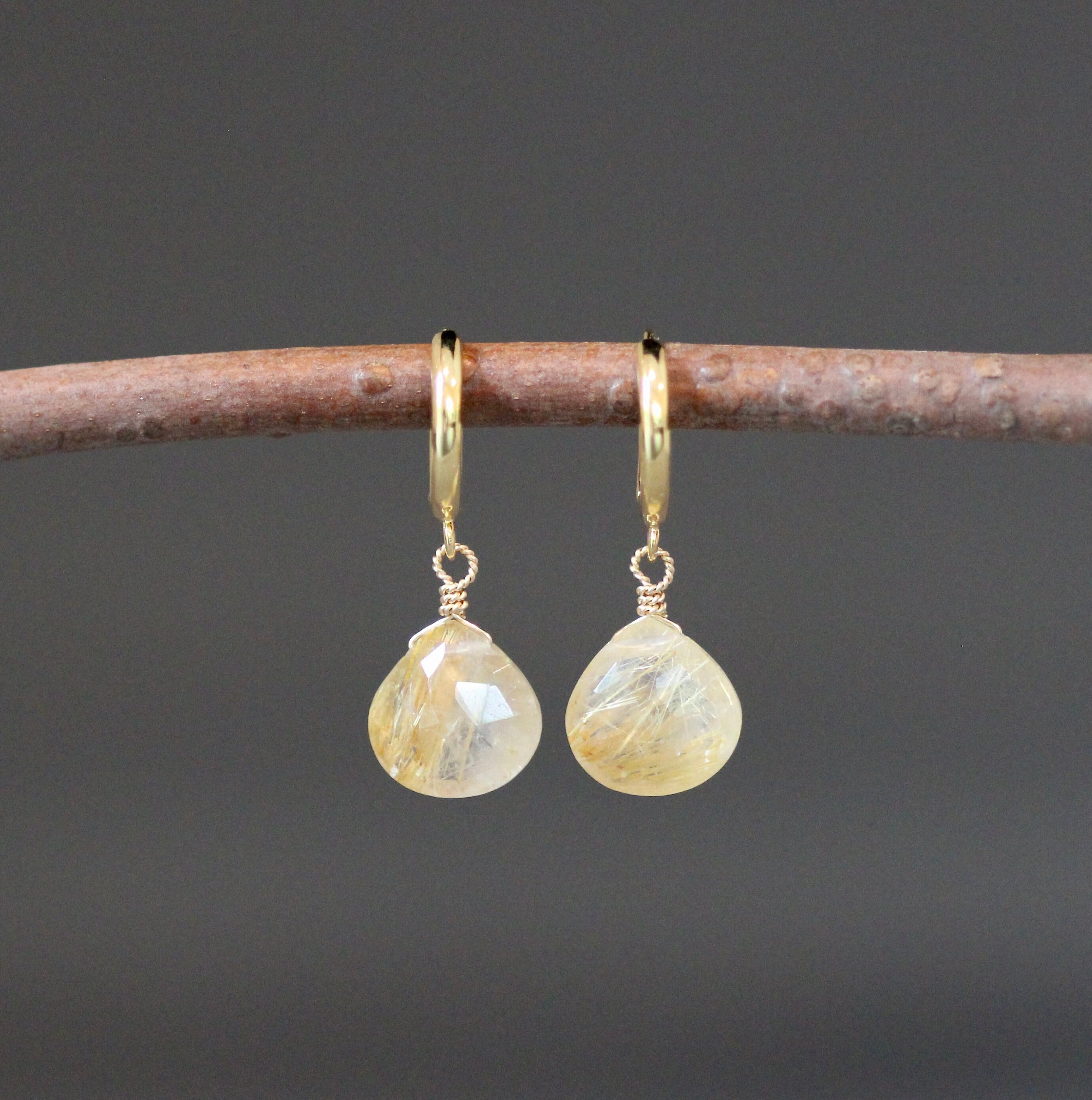 Gold Rutilated Quartz Earrings - Gold Gemstone Earrings - Gold Hoop Earrings - Gold Wire Wrapped Earrings - Gold Huggie Earrings