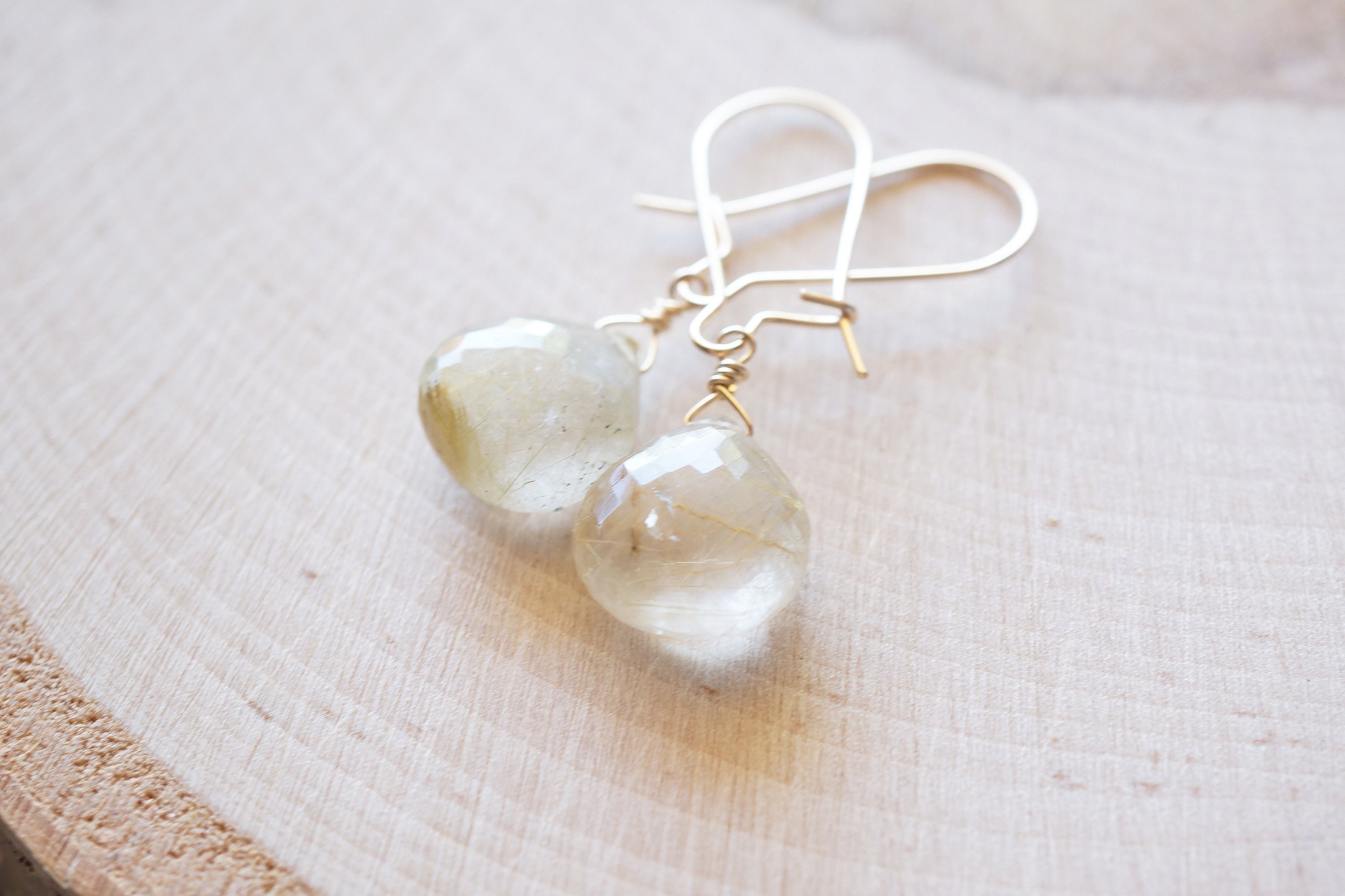 Gold Rutilated Quartz, Heart Briolette Earrings