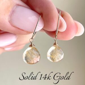 Rutilated Quartz Earrings, Golden Rutile Simple Teardrop in Solid 14k Yellow Gold, Genuine Gold Fine  Gemstone Jewelry, Fancy Gift for her