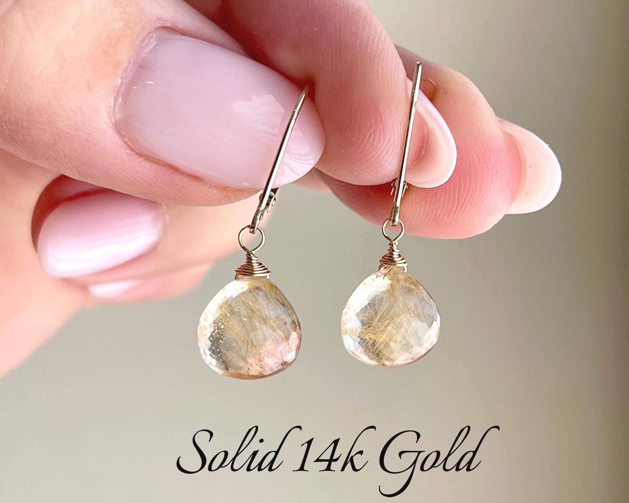 Rutilated Quartz Earrings, Golden Rutile Simple Teardrop In Solid 14k Yellow Gold, Genuine Gold Fine  Gemstone Jewelry, Fancy Gift For Her