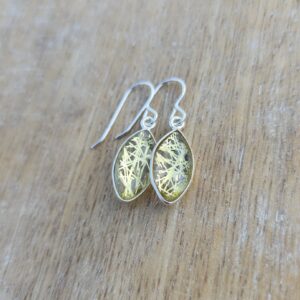 Golden Rutile Quartz Earrings, Sterling Silver Quartz Earrings, Dainty Yellow Gemstone Earrings, Pointed Oval Earrings, Dangle Earrings