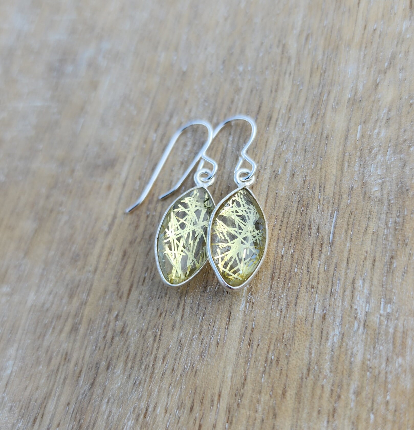 Golden Rutile Quartz Earrings, Sterling Silver Quartz Earrings, Dainty Yellow Gemstone Earrings, Pointed Oval Earrings, Dangle Earrings