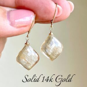 Golden Rutilated Quartz Earrings, Golden Rutile Quartz Lantern Light Drop Earrings in Solid 14k Gold, Real Gold Simple Jewelry, Gift for her