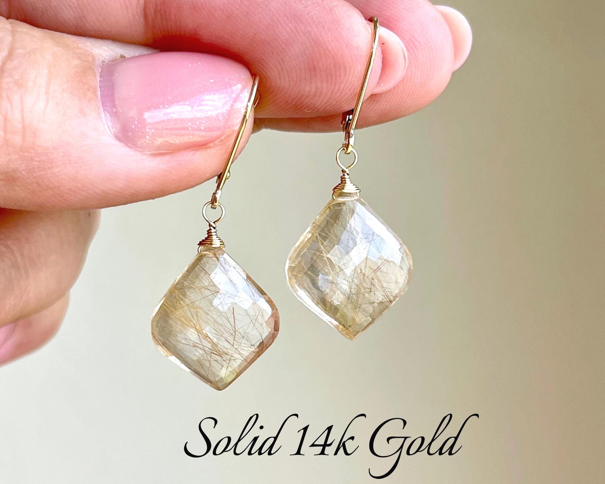 Golden Rutilated Quartz Earrings, Golden Rutile Quartz Lantern Light Drop Earrings In Solid 14k Gold, Real Gold Simple Jewelry, Gift For Her