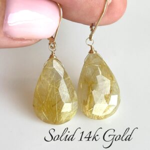 Golden Rutilated Quartz Earrings, Solid 14k Gold Yellow Teardrop Earrings, Golden Statement Pear Shape Earrings, One of a Kind Mom Gift