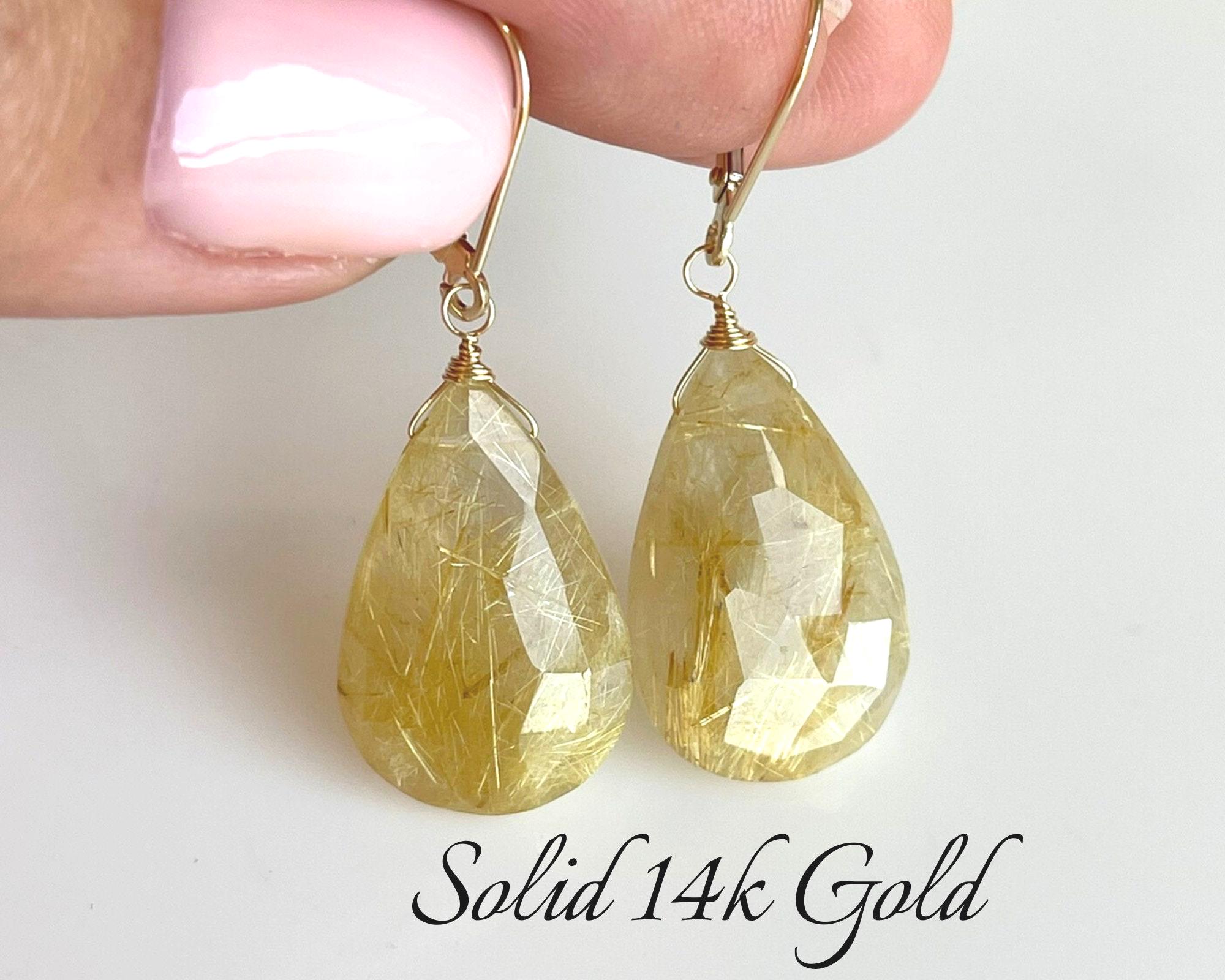 Golden Rutilated Quartz Earrings, Solid 14k Gold Yellow Teardrop Earrings, Golden Statement Pear Shape Earrings, One Of A Kind Mom Gift
