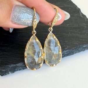 Golden Rutilated Quartz Statement Earrings, Yellow and Clear Bezeled Teardrops in Gold Filled, Vintage Bead Fancy Jewelry Mom Gift