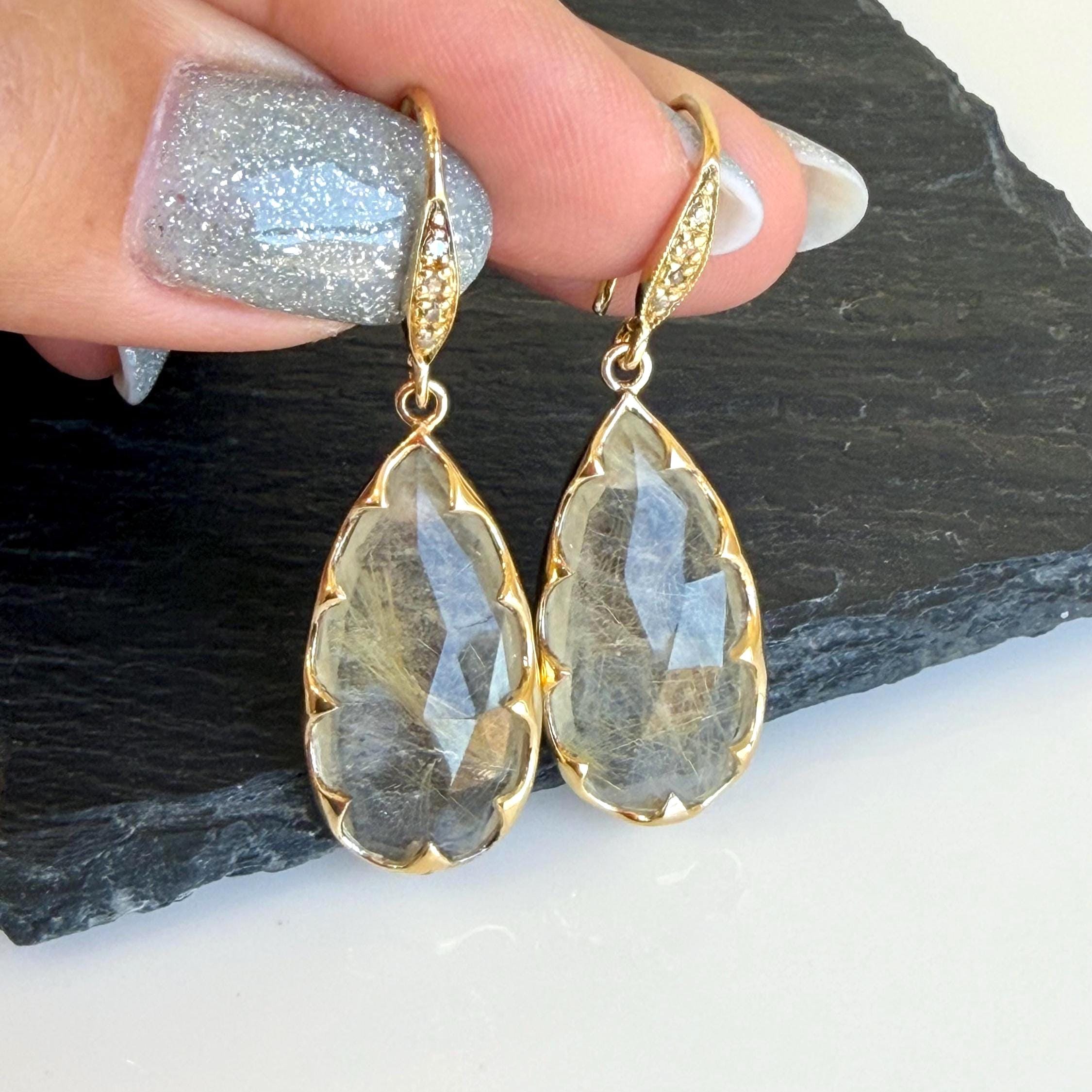 Golden Rutilated Quartz Statement Earrings, Yellow And Clear Bezeled Teardrops In Gold Filled, Vintage Bead Fancy Jewelry Mom Gift