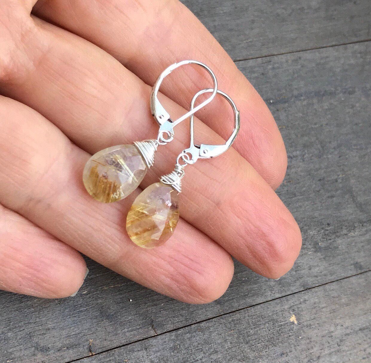 Golden Rutilated Quartz Earrings: Sterling Silver Wire Wrapped Gemstone Dangles