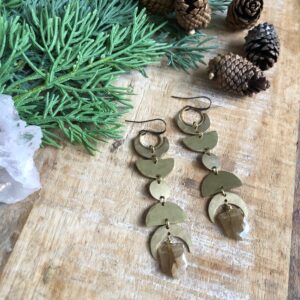 Hammered Brass Moon Phase And Rutilated Quartz Earrings