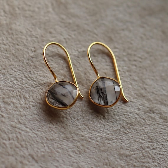 Handmade Black Rutile Quartz Dangle Earrings, 925 Sterling Silver