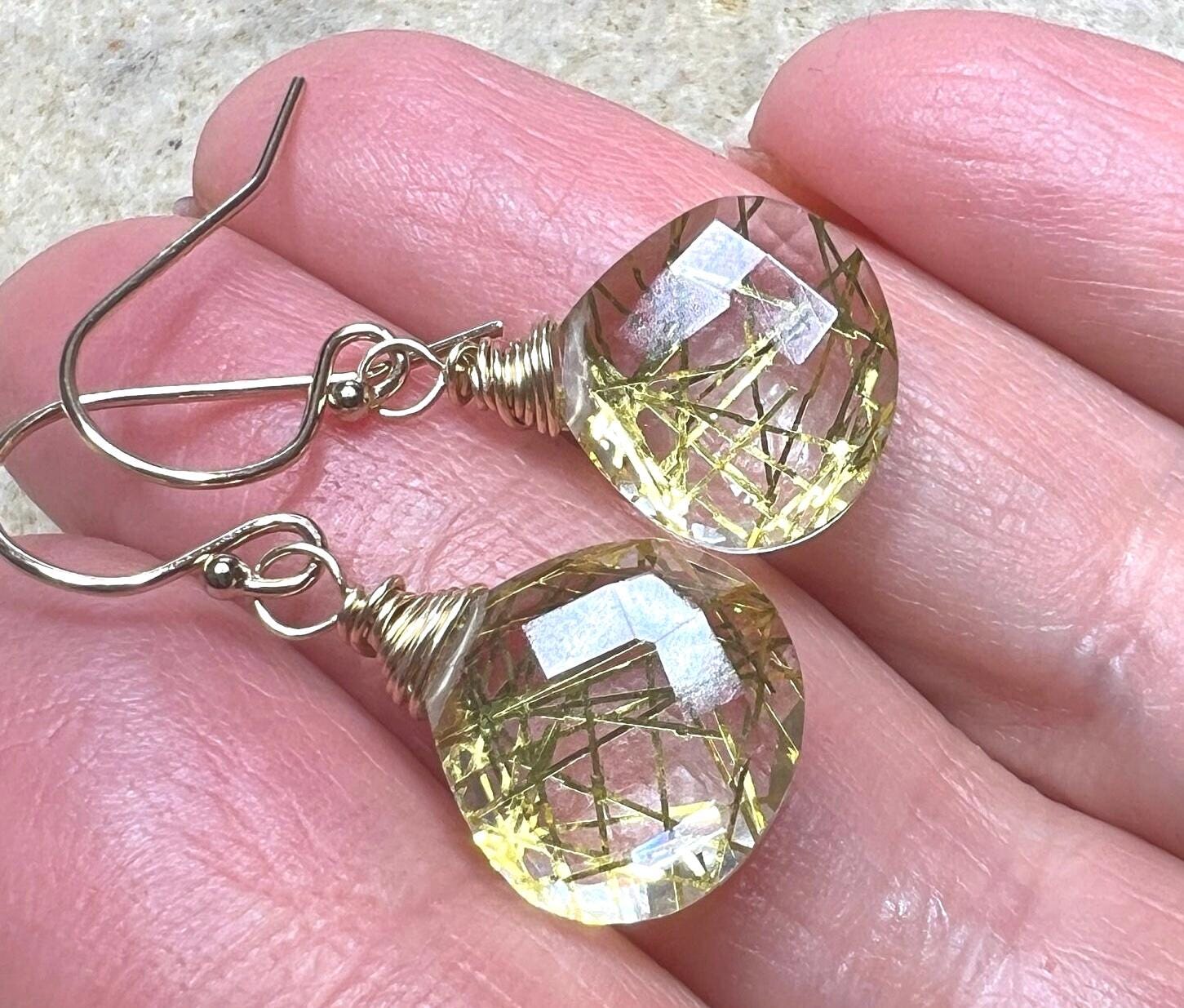 Handmade Golden Rutilated Quartz Dangle Earrings: 14k Gold Fill