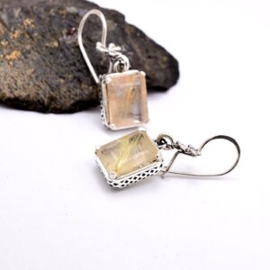 Rutilated quartz earrings handmade of sterling silver in retro vintage style classic rectangular rutile jewelry