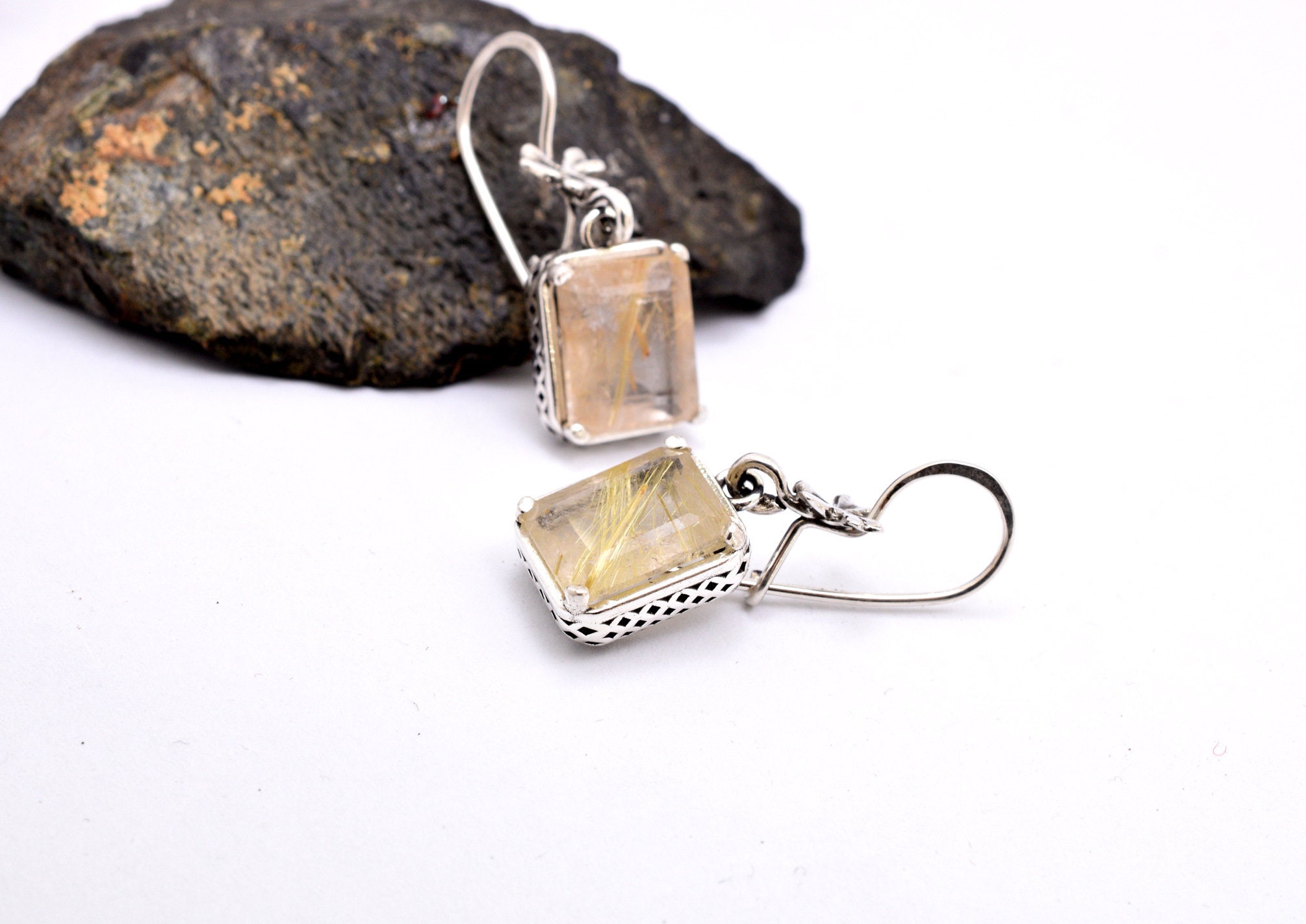 Rutilated Quartz Earrings Handmade Of Sterling Silver In Retro Vintage Style Classic Rectangular Rutile Jewelry