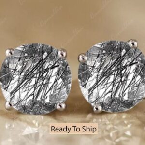Handmade Round Black Rutilated Quartz Sterling Silver Stud Earrings