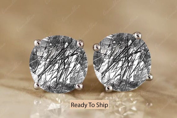 Handmade Round Black Rutilated Quartz Sterling Silver Stud Earrings