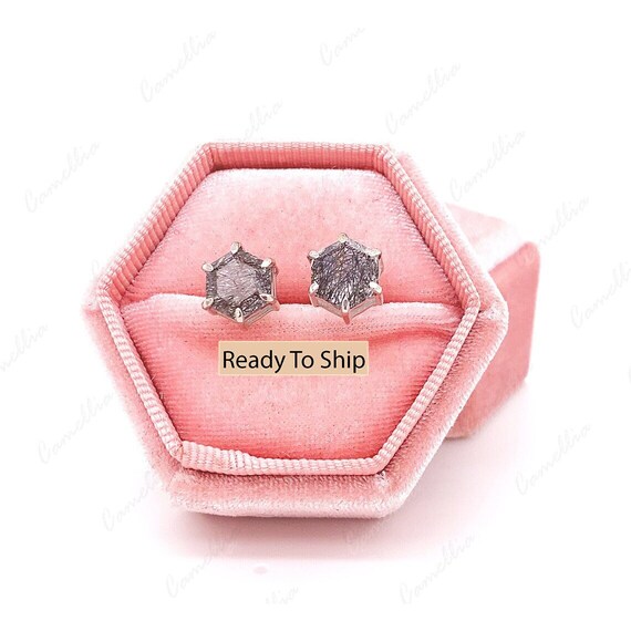 Hexagon Black Rutilated Quartz Stud Earrings, Sterling Silver Art Deco Bridal Gifts