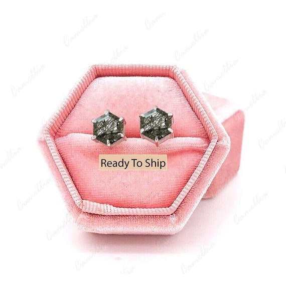 Hexagon Black Rutilated Quartz Stud Earrings – Sterling Silver