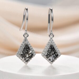 Kite Black Rutilated Quartz Drop Earrings: Sterling Silver Halo, Gothic Wedding