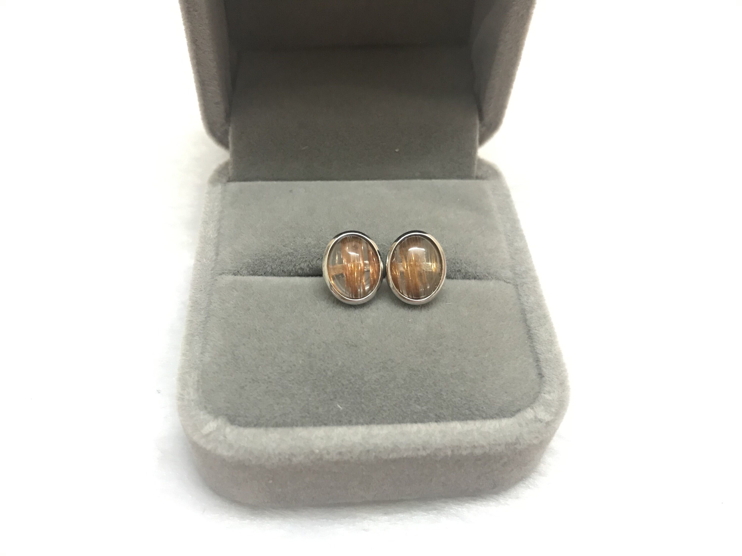 Natural 8x10mm Oval Copper Rutilated Quartz Genuine Gemstone Stud Earrings---1 Pair (2pcs)
