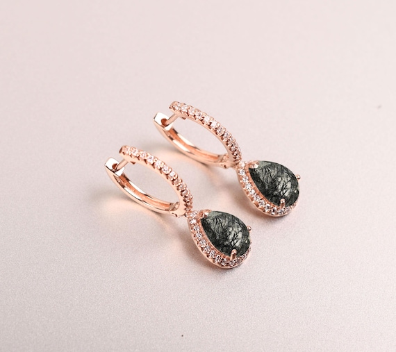 Pear Cut Black Rutilated Quartz Sterling Silver Leverback Earrings