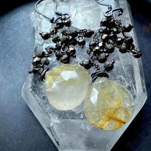 Rutilated Quartz Earrings, Pyrite Earrings, Dangle Earrings